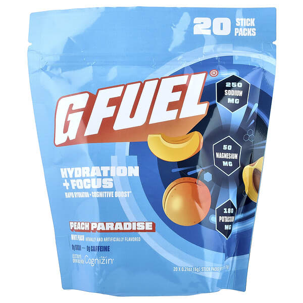 G FUEL, Hydration + Focus, Electrolyte Drink Mix with Cognizin®, Peach Paradise, 20 Stick Packs, 0.21 oz (6 g) Each