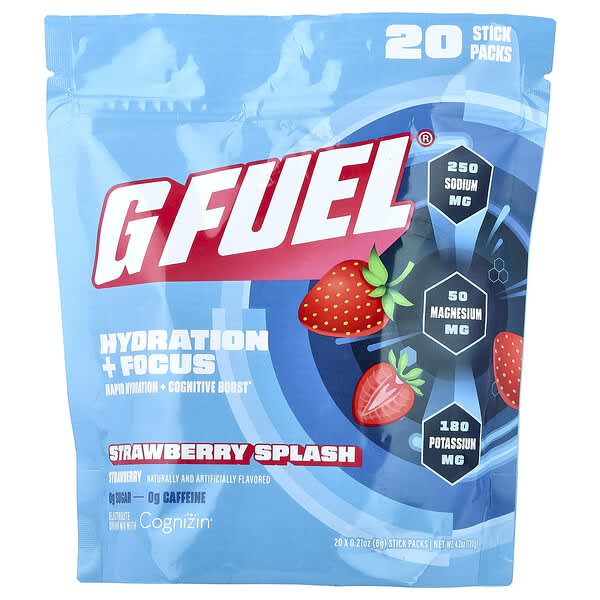 G FUEL, Hydration + Focus, Electrolyte Drink Mix with Cognizin®, Strawberry Splash, 20 Stick Packs, 0.21 oz (6 g) Each