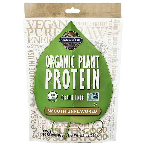 Garden of Life, Organic Plant Protein, Grain Free, Smooth Unflavored, 8.3 oz (236 g)