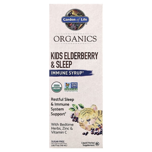 Garden of Life, Organics, Kids Elderberry & Sleep, Immune Syrup with Bedtime Herbs, Zinc & Vitamin C, 3.92 fl oz (116 ml)