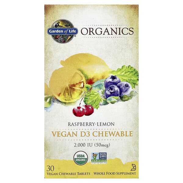 Garden of Life, Organics, Vegan D3 Chewable, Raspberry-Lemon, 30 Vegan Chewable Tablets