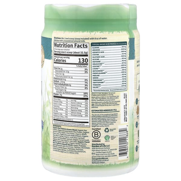 Alternative view of Garden of Life, Raw Organic Protein & Greens, Lightly Sweet, 1 lb 6.92 oz (650 g)