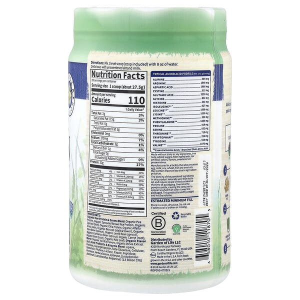 Alternative view of Garden of Life, Raw Organic Protein & Greens, Vanilla, 1 lb 3.4 oz (550 g)