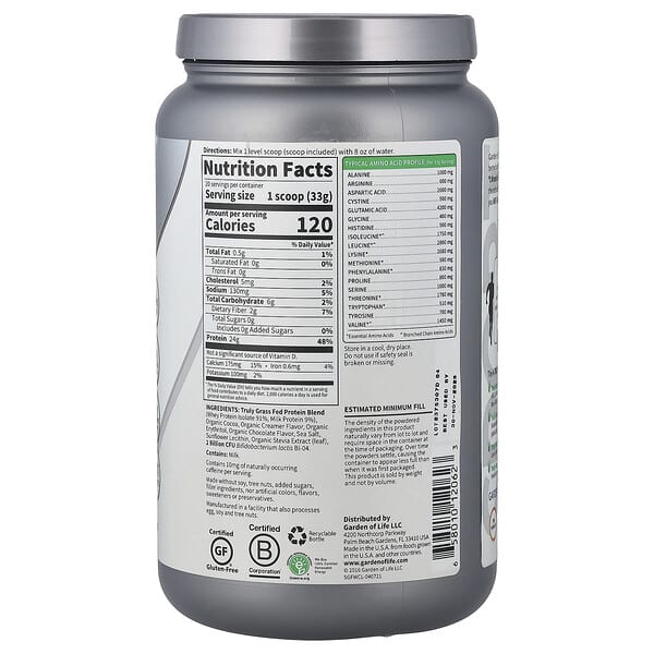 Alternative view of Garden of Life, Sport, Certified Grass Fed Whey, Chocolate, 1 lb 7.28 oz (660 g)