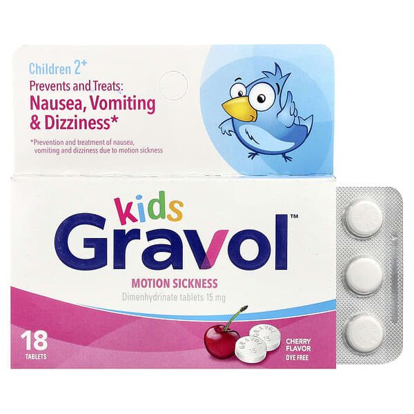 Gravol, Kids, Motion Sickness, Children 2+, Cherry, 15 mg, 18 Tablets