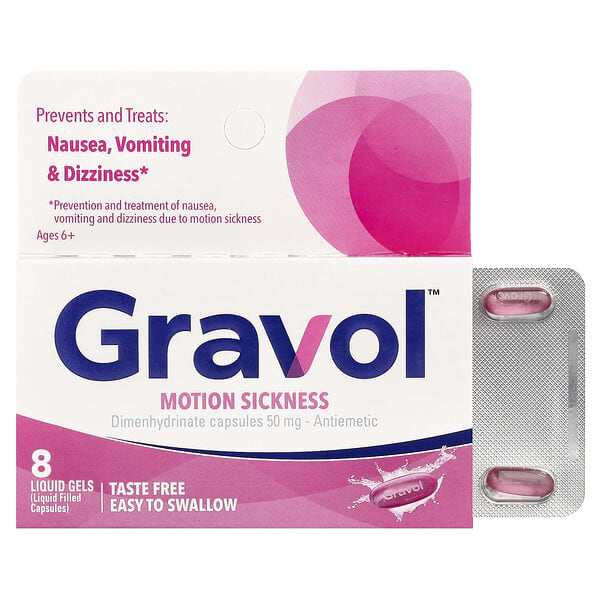 Gravol, Motion Sickness, Ages 6+, 50 mg, 8 Liquid Gels