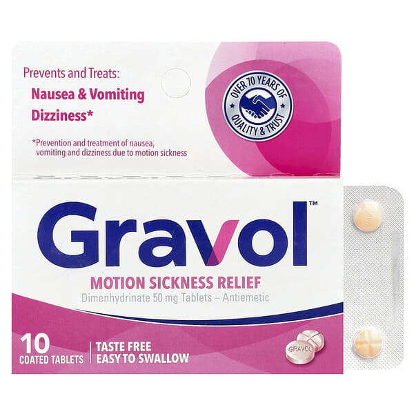 Gravol, Motion Sickness Relief, 50 mg, 10 Coated Tablets
