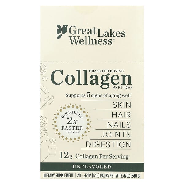 Great Lakes Wellness, Grass-Fed Bovine Collagen Peptides, Unflavored, 20 Packs, 0.42 oz (12 g) Each