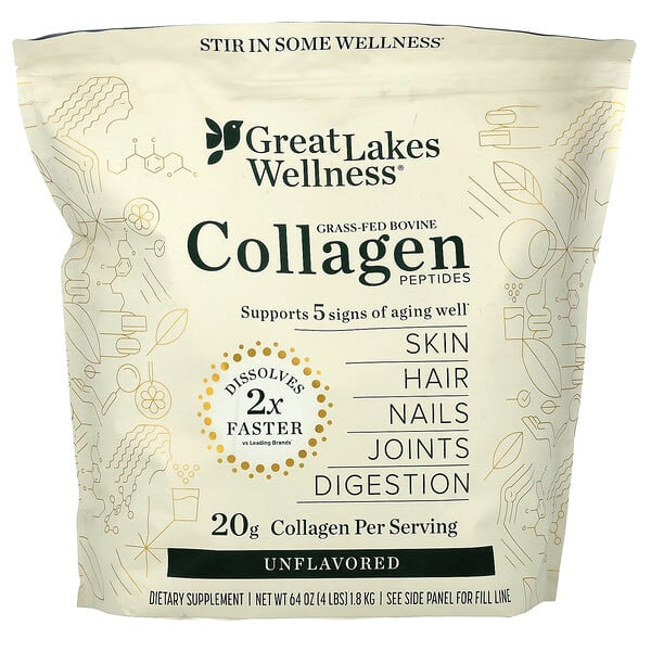 Great Lakes Wellness, Grass-Fed Bovine Collagen Peptides, Unflavored, 64 oz (1.8 kg)