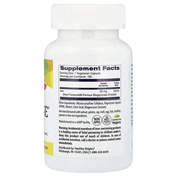 Alternative view of Healthy Origins, Iron Ease®, 45 mg, 180 Veggie Caps