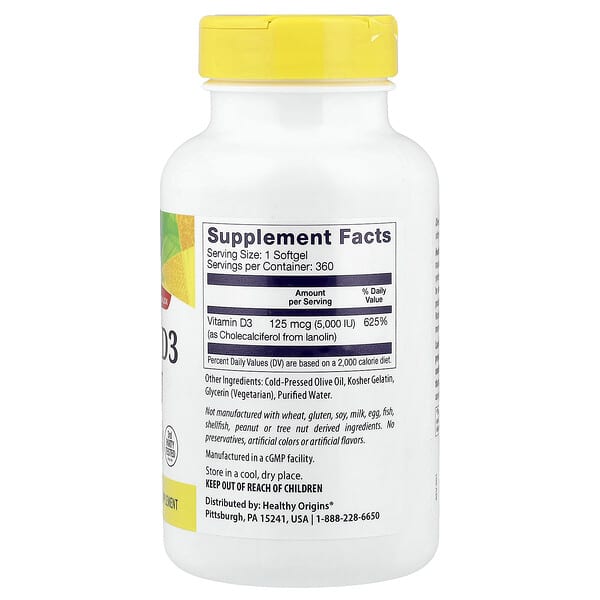 Alternative view of Healthy Origins, Vitamin D3, 125 mcg (5,000 IU), 360 Softgels