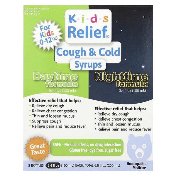 Homeolab USA, Kids Relief®, Cough & Cold Syrups, Daytime & Nighttime Formula, 0-12 Yrs, 2 Bottles, 3.4 fl oz (100 ml) Each