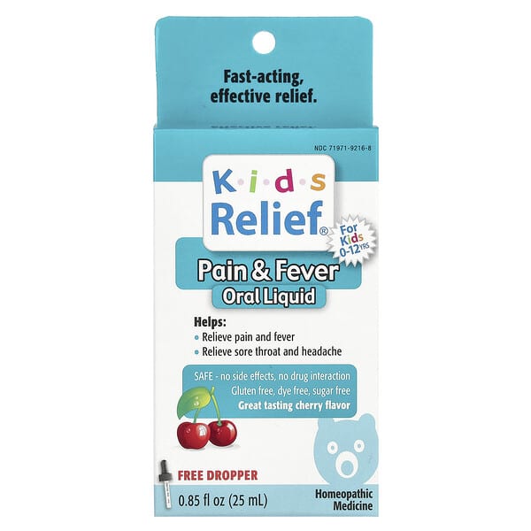 Homeolab USA, Kids Relief, Pain & Fever Oral Liquid, For Kids 0-12 Yrs, Cherry, 0.85 fl oz (25 ml)