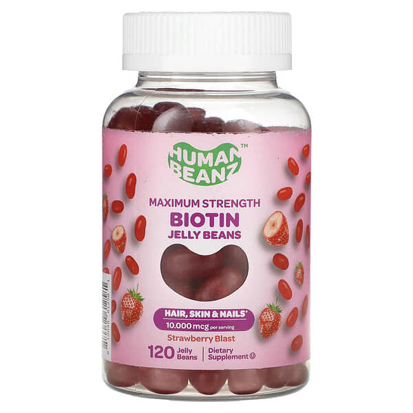 Human Beanz, Biotin Jelly Beans, Maximum Strength, Strawberry Blast, 120 Jelly Beans (2,500 mg per Jelly Bean)