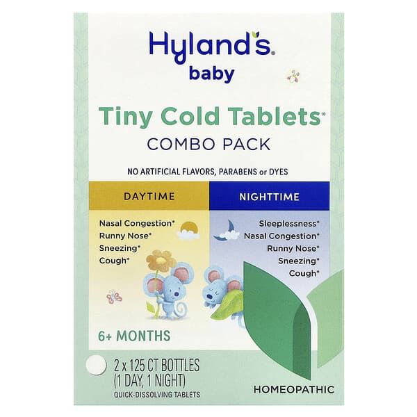 Hyland's Naturals, Baby, Tiny Cold Tablets Combo Pack, Daytime/Nighttime, 6+ Months, 2 Bottles, 125 Quick-Dissolving Tablets Each