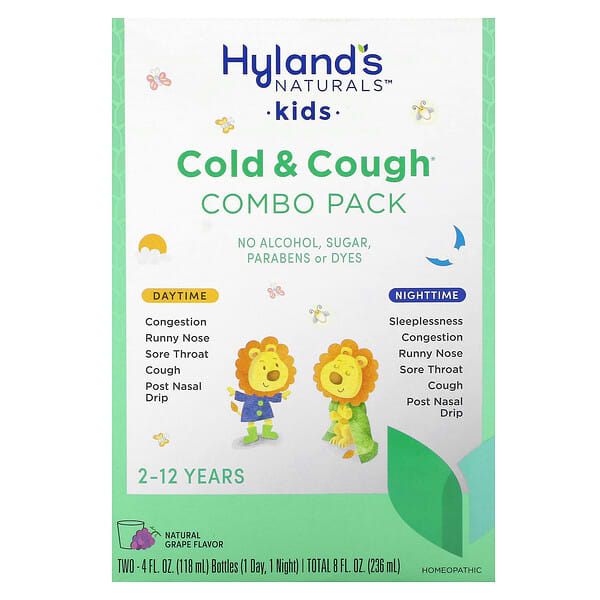 Hyland's Naturals, Kids, Cold & Cough Combo Pack, Daytime/Nighttime, Age 2-12 Years, Natural Grape, 2 Bottles, 4 fl oz (118 ml) Each