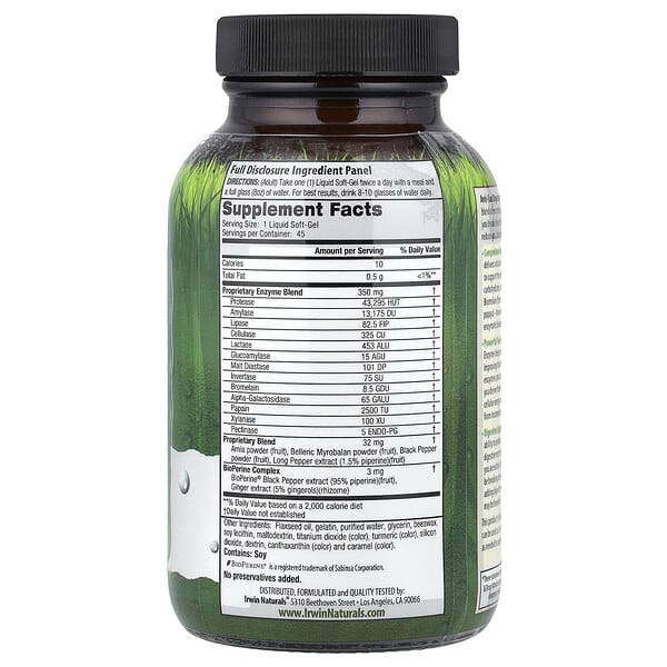 Alternative view of Irwin Naturals, Anti-Gas Digestive Enzymes™, 45 Liquid Soft-Gels