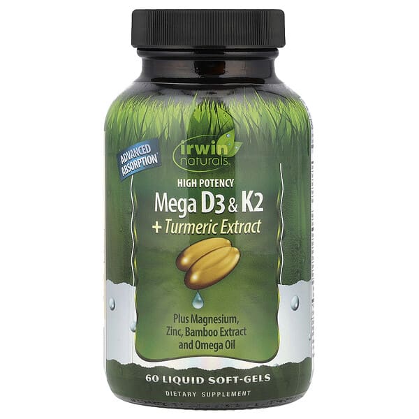 Irwin Naturals, High Potency Mega D3 & K2 + Turmeric Extract, 60 Liquid Soft-Gels