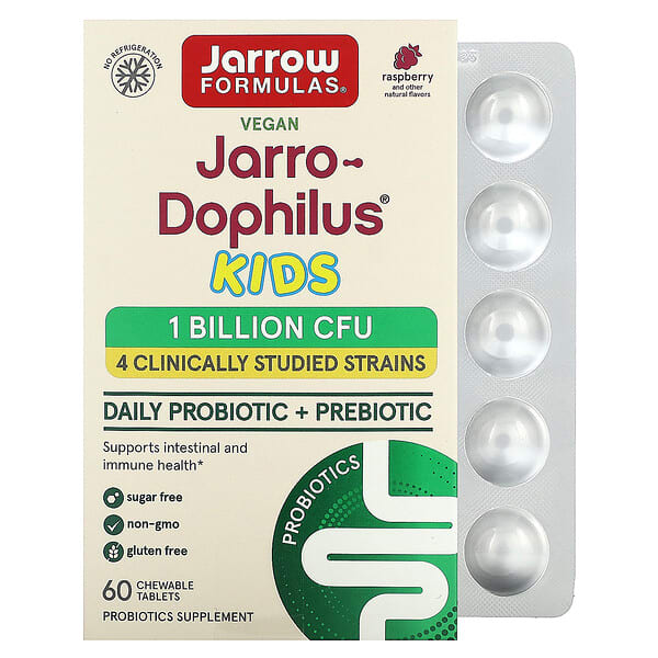 Jarrow Formulas, Vegan Jarro-Dophilus® Kids, Daily Probiotic + Prebiotic, Raspberry, 60 Chewable Tablets (0.5 Billion CFU per Capsule)