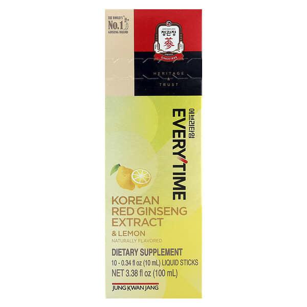 JungKwanJang, Korean Red Ginseng Extract, Everytime, Lemon, 10 Liquid Sticks, 0.34 fl oz (10 ml) Each 5 JungKwanJang, Korean Red Ginseng Extract, Everytime, Lemon, 10 Liquid Sticks, 0.34 fl oz (10 ml) Each