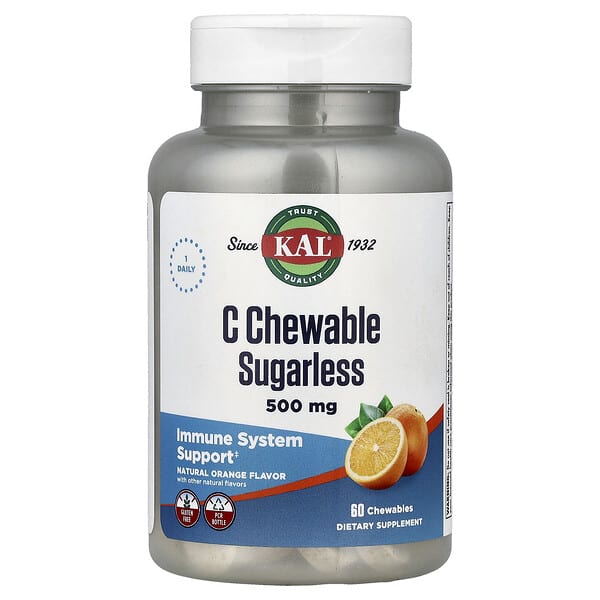 KAL, C Chewable Sugarless, Natural Orange, 60 Chewables