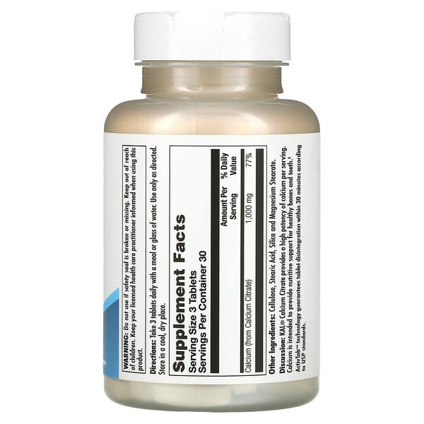 Alternative view of KAL, Calcium Citrate 1000, 90 Tablets (333 mg per Tablet)