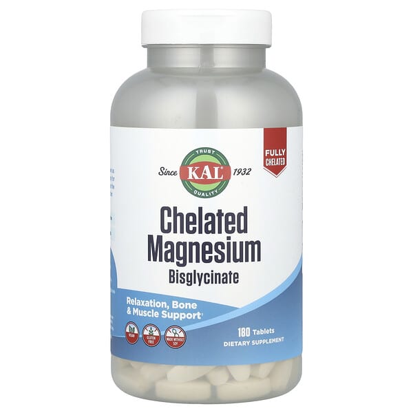 KAL, Chelated Magnesium Bisglycinate, 180 Tablets (105 mg per Tablet)