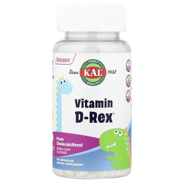 KAL, Dinosaurs®, Vitamin D-Rex™, Bubble Gum, 90 Chewables (10 mcg  per Chewable)