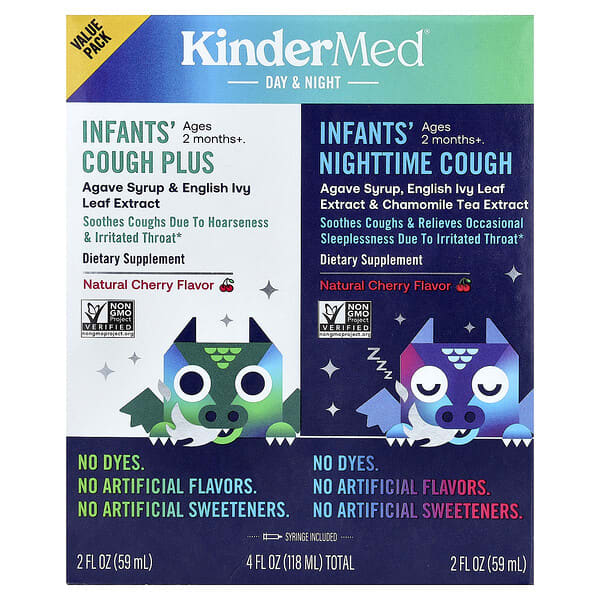 KinderFarms, KinderMed®, Infants' Cough Plus & Infants' Nighttime Cough, Ages 2 Months+, Natural Cherry, 2 Bottles, 2 fl oz (59 ml) Each
