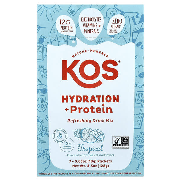 KOS, Hydration + Protein, Refreshing Drink Mix, Tropical , 7 Packets, 0.65 oz (18 g) Each