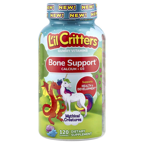 L'il Critters, Mythical Creatures, Bone Support Calcium + D3 Gummies, Bumbleberry Blast, Sour Blue Raspberry, 120 Gummies