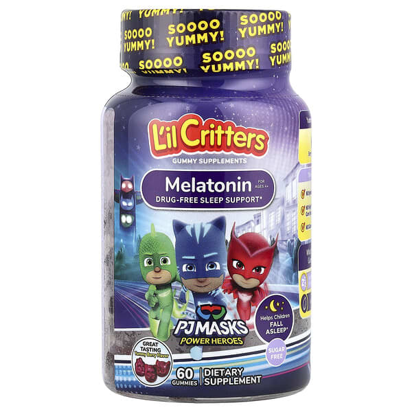 L'il Critters, PJ Masks Power Heroes, Melatonin Gummies, For Ages 4+, Yummy Berry, 60 Gummies (0.5 mg per Gummy)