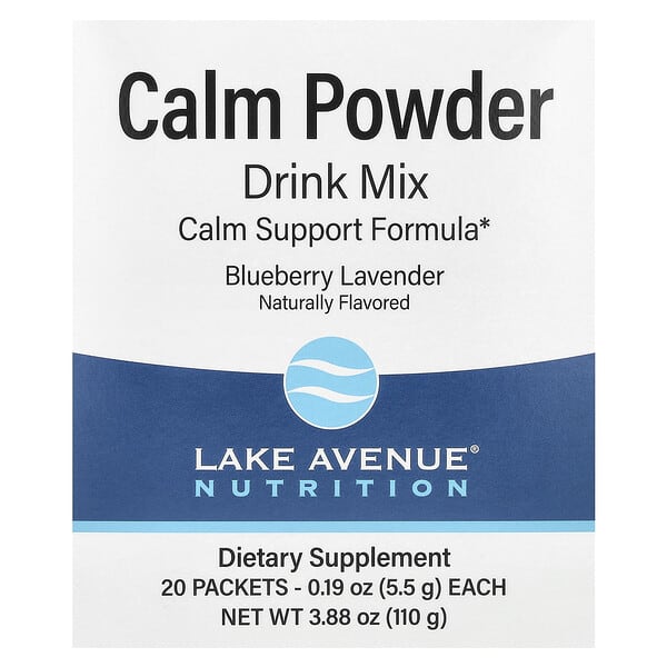 Lake Avenue Nutrition, Calm Powder Drink Mix with Potassium and AminoCalm Blend, L-Tryptophan and L-Theanine, Blueberry Lavender, 20 Packets, 0.19 oz (5.5 g) Each