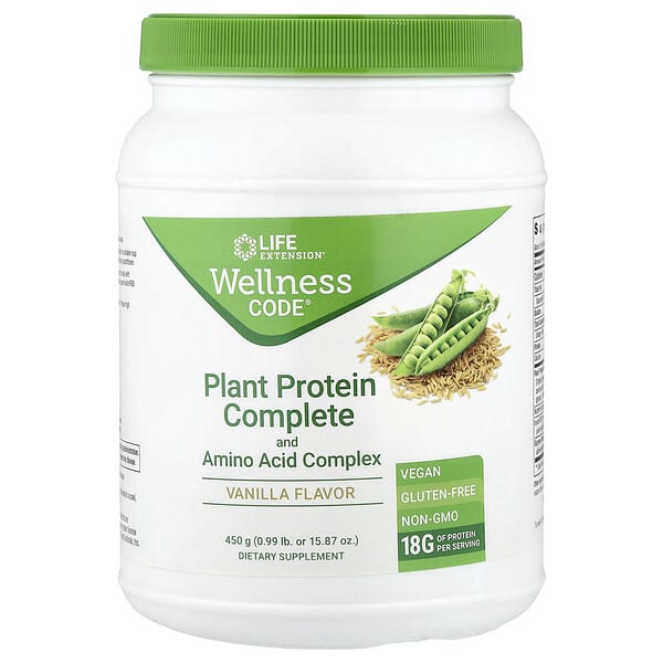 Life Extension, Wellness Code®, Plant Protein Complete and Amino Acid Complex, Vanilla, 0.99 lb (450 g)