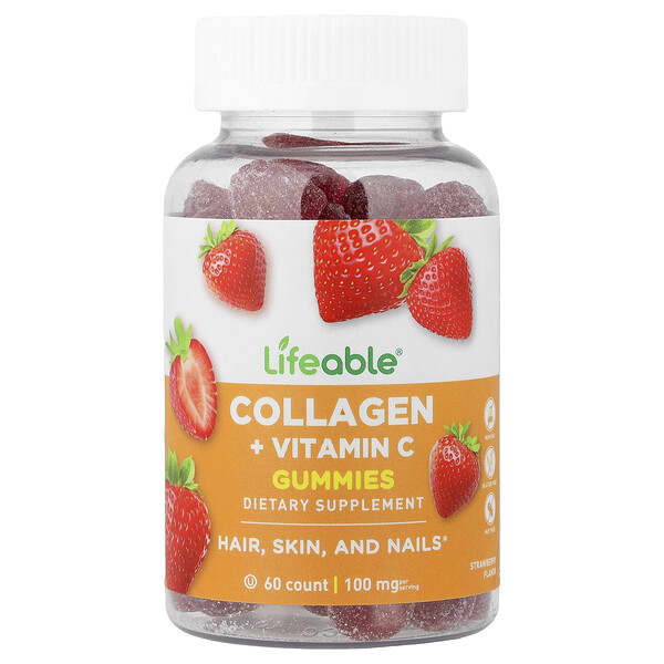 Lifeable, Collagen + Vitamin C Gummies, Natural Strawberry, 60 Gummies
