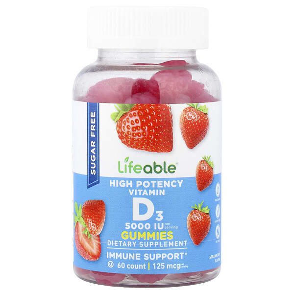 Lifeable, High Potency Vitamin D3 Gummies, Strawberry, 125 mcg (5,000 IU), 60 Gummies