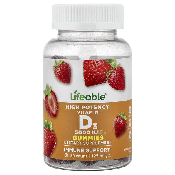 Lifeable, High Potency Vitamin D3 Gummies, Strawberry, 60 Gummies (62.5 mg (2,500 IU) per Gummy)