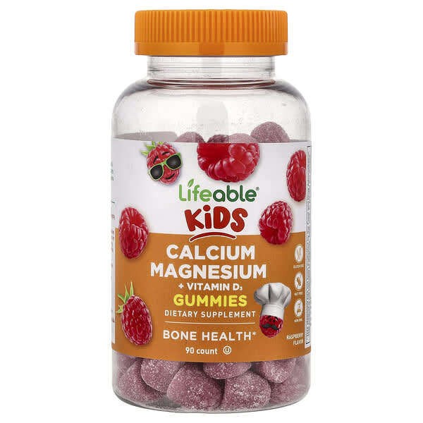 Lifeable, Kids Calcium Magnesium + Vitamin D3 Gummies, Raspberry, 90 Gummies