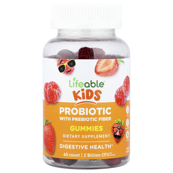 Lifeable, Kids Probiotic With Prebiotic Fiber Gummies, Berry, 60 Gummies