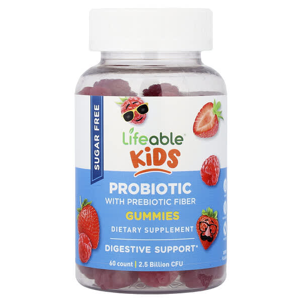 Lifeable, Kids, Probiotic with Probiotic Fiber Gummies, Sugar Free, Berry, 60 Gummies