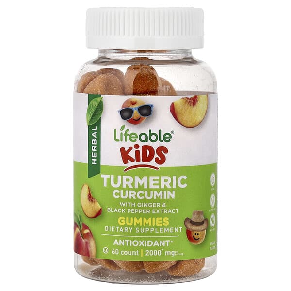 Lifeable, Kids Turmeric Curcumin With Ginger & Black Pepper Extract Gummies, Peach, 60 Gummies
