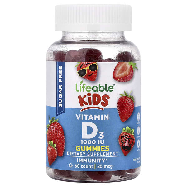 Lifeable, Kids Vitamin D3 Gummies, Sugar Free, Strawberry , 25 mcg (1,000 IU), 60 Gummies