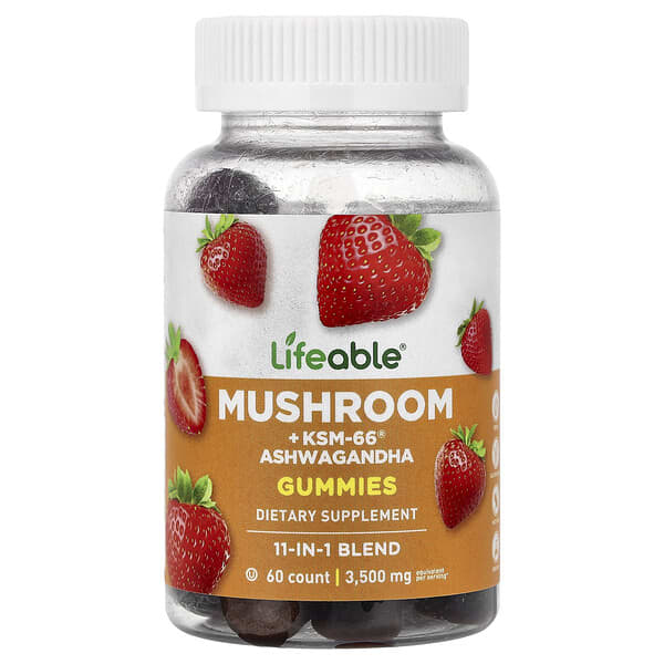 Lifeable, Mushroom + KSM-66® Ashwagandha Gummies, Strawberry, 60 Gummies