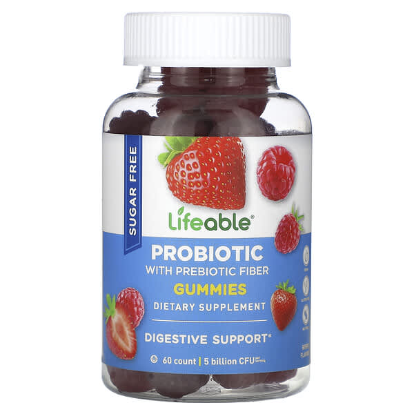 Lifeable, Probiotic with Prebiotic Fiber Gummies, Sugar Free, Berry, 60 Gummies