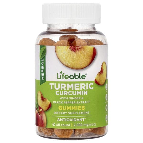 Lifeable, Turmeric Curcumin Gummies, Peach, 60 Gummies