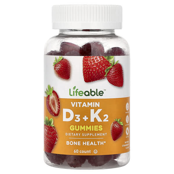 Lifeable, Vitamin D3 + K2 Gummies, Natural Strawberry, 60 Gummies