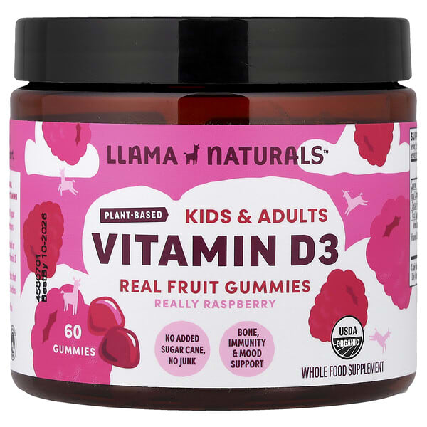 Llama Naturals, Kids & Adults Plant-Based Vitamin D3, Real Fruit Gummies, Really Raspberry, 60 Gummies