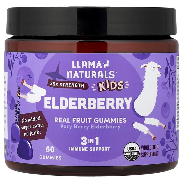 Llama Naturals, Kids Elderberry, Real Fruit Gummies, Very Berry Elderberry, 60 Gummies