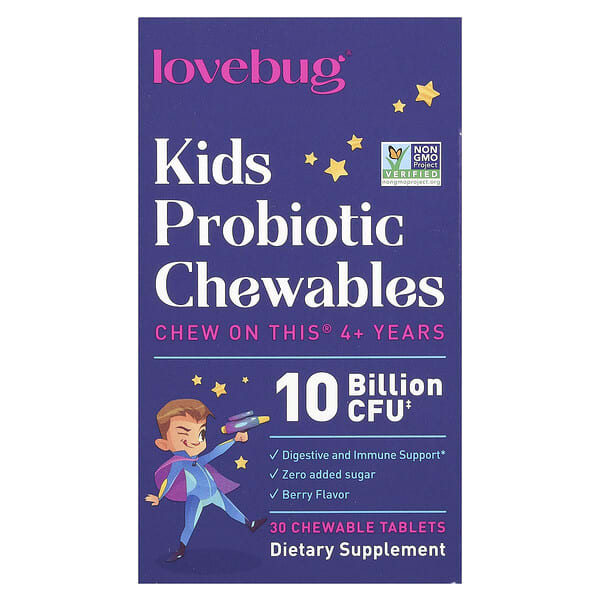LoveBug Probiotics, Kids Probiotics, 4+ Years, Berry, 10 Billion CFU, 30 Chewable Tablets