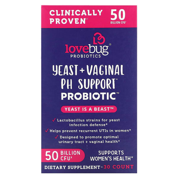LoveBug Probiotics, Yeast + Vaginal PH Support Probiotic, 50 Billion CFU, 30 Capsules